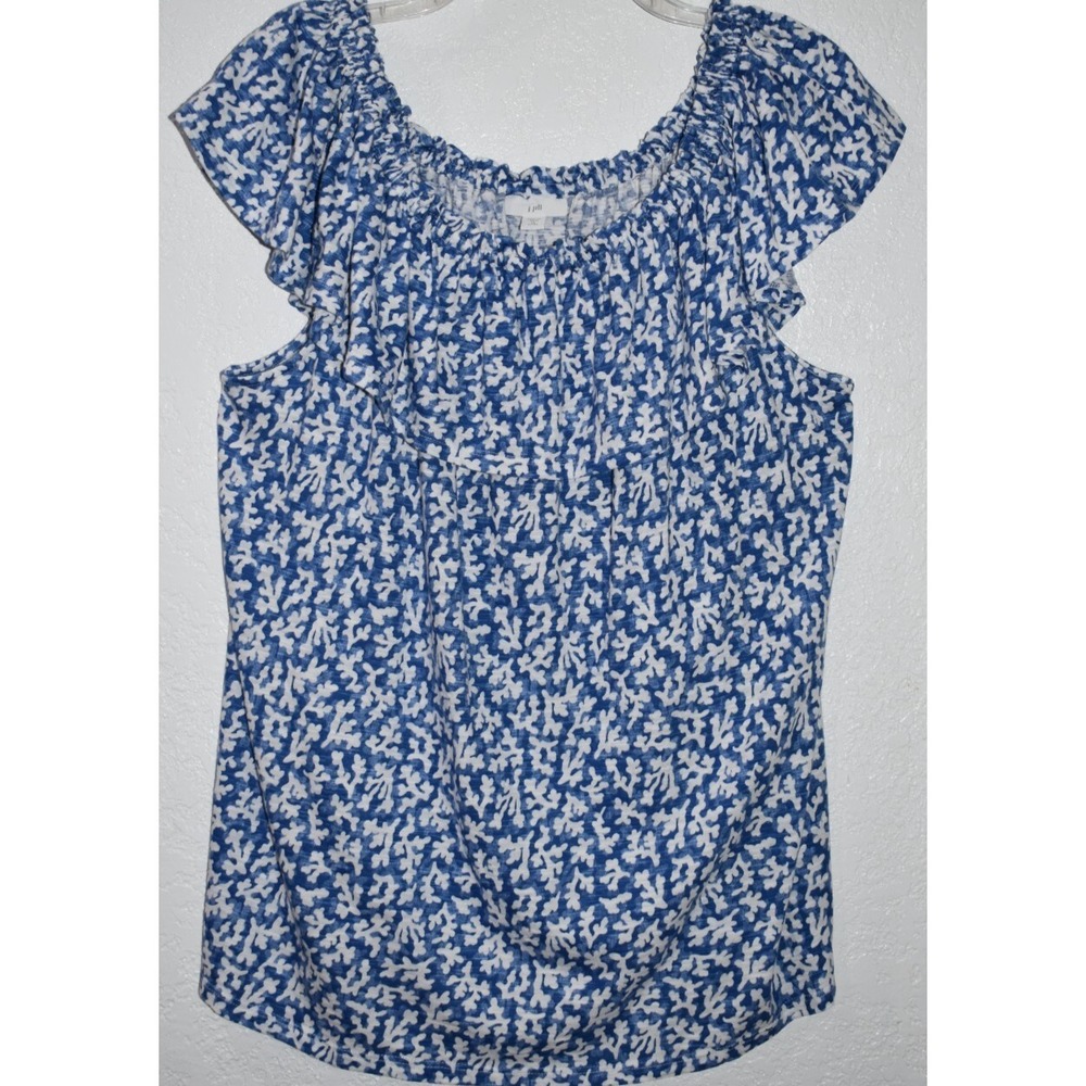 J.Jill Off Shoulder top XLp Sleeveless Blue Floral Cottagecore Peasant‎ Pullover